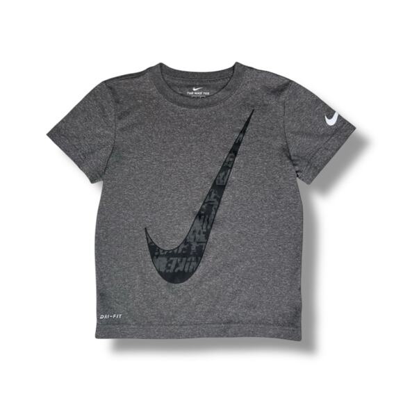 🐞3/$22 Nike Boys Shirt Size 7 Gray Black Dri-FIT Athletic Tee Large Swoosh Logo - Picture 1 of 6